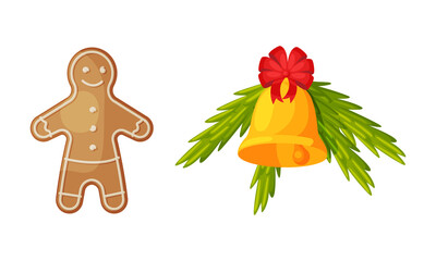 Sticker - Bell and Gingerbread Man as Merry Christmas Holiday Object and Element Vector Set