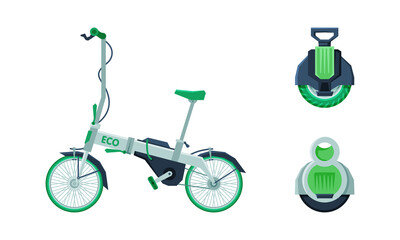 Sticker - Electric Unicycle and Bicycle as Eco City Transport and Urban Vehicle Vector Set