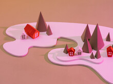 Little Decorative Cute Small Houses In Snow In Winter