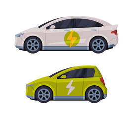 Sticker - Electric Car with Battery as Eco Transport for Ecology and Environment Protection and Conservation Vector Set