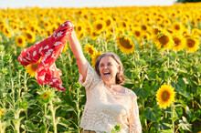 Cheerful Senior Woman With Red Scarf Standing In Sunflower Field During Sunny Day
