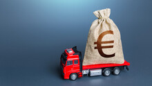 Truck With A Euro Money Bag. Loan Or Deposit. Financial Aid, Investments And Subsidies. Compensation. High Super Income. Cash Collection. Money Transfers And Transactions. Pay Taxes. Debt Load.