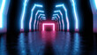 © Westend61 - Three dimensional render of dark corridor illuminated with pink and blue neon lighting