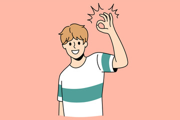 Ok and good luck sign concept. Smiling positive boy wearing t-shirt standing showing ok good sign with fingers feeling cheerful vector illustration 