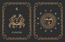 Cancer Zodiac Symbo In Vector, Old Horoscope Card.