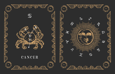 Wall Mural - Cancer zodiac symbo in vector, old horoscope card.