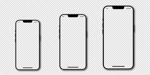 Aufkleber - Realistic models of smartphones with transparent screens. Modern popular phones. Front view of the device. Smartphone mockup collection. Mobile phone with shadow on a transparent background.