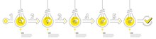 Lightbulb Journey Path Infographics. Business Infographic Timeline With 5 Steps. Workflow Process Diagram With Research Idea, Teamwork, Startup Rocket And Goal Target Line Icons. Vector