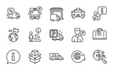 Fototapeta Natura - Transportation icons set. Included icon as Hand baggage, Taxi, Valet servant signs. Delivery discount, Packing boxes, Destination flag symbols. Search flight, Truck parking, Delivery truck. Vector