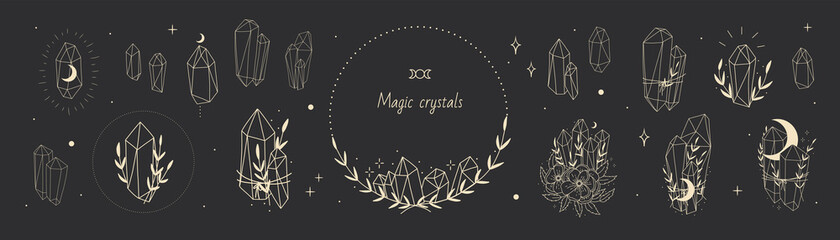 illustration of a magic rite, mystical crystal and the phases of the moon. retro vintage engraving s
