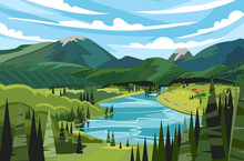 Green Mountains Vector Landscape With River On A Blue Cloudy Sky Background.. Countryside Panorama. Green Color. Vector Flat Illustration