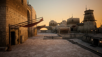 Poster - 3D illustration of a settlement outpost on a fictional alien pla