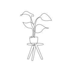 Poster - One continuous line drawing of potted flower on the table. Linear contour houseplant for home interior decorations of trendy scandinavian style contour lines. Doodle Vector illustration