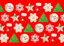 Pattern Of Various Christmas Cookies Flat Laid Against Vibrant Red Background