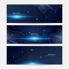 Fototapete - Set of blue banner background with glowing dots bokeh style. Modern hi tech digital technology concept. Abstract internet communication, future science techno design
