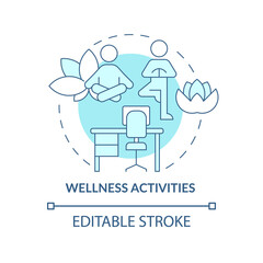 Sticker - Wellbeing activities concept icon. Meditation and de-stress. Yoga exercises abstract idea thin line illustration. Isolated outline drawing. Editable stroke. Roboto-Medium, Myriad Pro-Bold fonts used