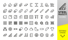 Metal And Stainless Steel Products Isolated Icons Set. Set Of Long Products, Hot Rolled Steel, Metal Beams, Rods, Armature, Pipes, Pipe Flange, Wire Coil, Rabitz Mesh Roll Vector Icons. 