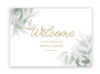 Wall Mural - Welcome to the wedding of - wedding calligraphic sign with watercolor and green leaves.
