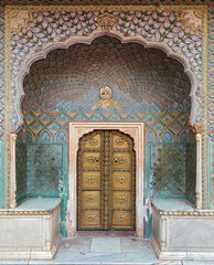 Rose gate at the City Palace complex Jaipur Rajasthan India. The Rose Gate represents winter and is dedicated to the goddess Devi