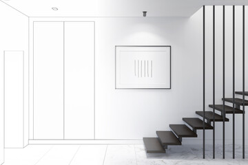 A sketch becomes a real minimalist entrance hall with a horizontal poster, dark wood wardrobe near the front door, stairs with dark wooden steps, marble floor, ceiling with built-in lamps. 3d render