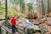 Mature Woman Wearing Red Coat And Hat Standing On Bridge In Forest