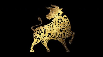 Poster - Chinese zodiac Astrological sign year of the Ox with glittering gold particles symbol of the Chinese zodiac loop motion element for background