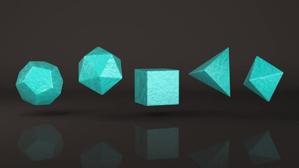 Poster - abstract 3d animation of the movement of crystals, platonic bodies made of ice in space with a refle