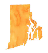 Rhode Island State Map Silhouette In Orange Color Gradient With Artistic Brush Strokes. Hand Painted Watercolour Graphic Drawing On White, Cut Out Clipart Element For Design, Greeting Card, Poster.