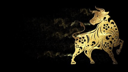 Poster - Chinese zodiac Astrological sign year of the Ox with glittering gold particles symbol of the Chinese zodiac loop motion element for background