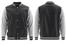 Blank ( Black And White )  Varsity Bomber Jacket Isolated On White Background. Parachute Jacket. Front And Back View. Ready For Your Mock-up Design 