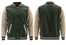 Blank ( Olive and beige) varsity bomber jacket isolated on white background. parachute jacket. front and back view. ready for your mock-up design 