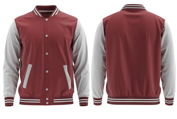 Blank ( Burgundy and White ) varsity bomber jacket isolated on white background. parachute jacket. front and back view. ready for your mock-up design 