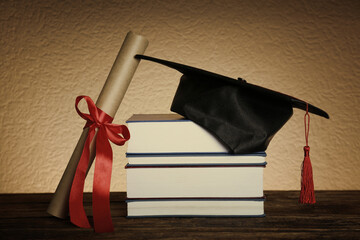 Wall Mural - Graduation hat, books and diploma on wooden table