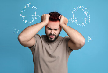 Sticker - Young man having headache on light blue background. Illustration of steam representing severe pain