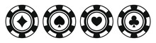 Poker Chips Black Icons Vector Set. Playing Poker Concept. Isolated Casino Poker Chip Logo. Poker Symbols. Vector Illustration.
