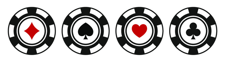 Poker chips color icons vector set. Playing poker concept. Isolated Casino poker chip logo. Poker symbols. Vector illustration.
