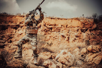 Wall Mural - Soldiers of special forces on wars at the desert,Thailand people,Army soldier Patrolled the front line