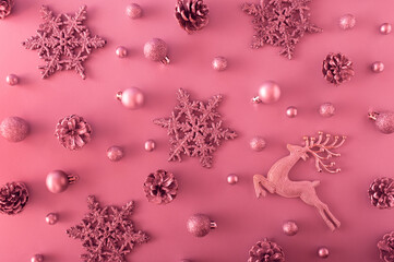 Christmas ornament background in vibrant bold red holographic color. Surreal dark trendy wallpaper.