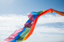 Gay Man Waving Rainbow Flag On Sunny Day
