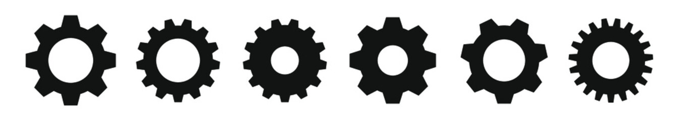 Gear setting vector icon set. Progress or construction concept. Isolated black gears mechanism and cog wheel. Cogwheel icons UI vector.