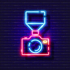 Wall Mural - Camera with camera flash neon icon. Photo and video concept. Vector illustration of a sign for design, website, decoration, online store.