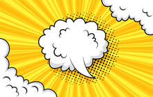 Pop Art Halftone Background With Speech Bubble Clouds. Funny Banner In Comic Style. Retro Yellow Frame With Smoke Balloons And Halftone. Cartoon Bomb Explosion. Sky Air Print. Vector Illustration