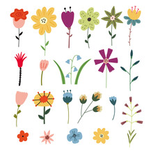 Set Naive Forest Decorative Flowers. Forest Blossom Clipart Hand Drawn Elements In Vector Naive Art Illustration