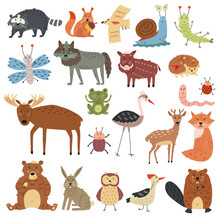 Set Naive Woodland Forest Animals. Forest Clipart Hand Drawn Creatures In Vector Illustration
