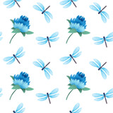 Fototapeta Motyle - Seamless pattern with blue dragonflies and clover flowers. Delicate pastel pattern with insects. Raster watercolor illustrations in a realistic style, hand drawing. Pastel print for textiles