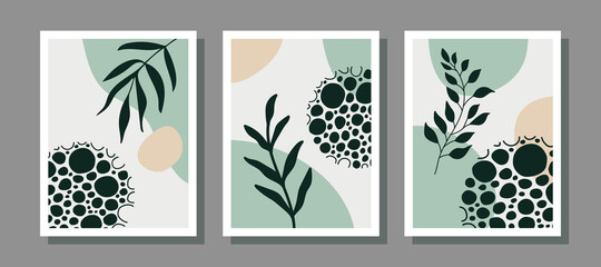 Poster - Modern abstract set aesthetic backgrounds with  organic shapes and branch. Wall decor in boho style. Mid century vector print for cover, wallpaper, card, social media, interior decor