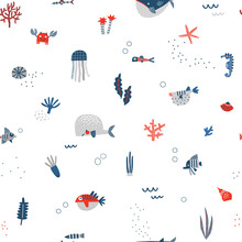Blue Red White Under The Sea Life Vector Seamless Pattern. Whale Blowfish Jellyfish Crab Seaweed Coral Background. Scandinavian Decorative Childish Design For Nautical Nursery And Navy Kids Fabric.