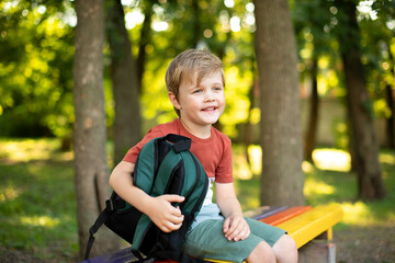 Little boy on a background of green park. The boy is 5 years old