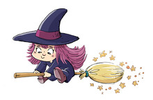 Illustration Of Little Witch Girl Flying With Broom