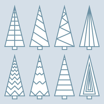Abstract simple icons of snow Christmas trees on winter background. Geometric outline. Christmas and New Year elements for postcards, printing, packaging, decoration. Set of vector illustrations	